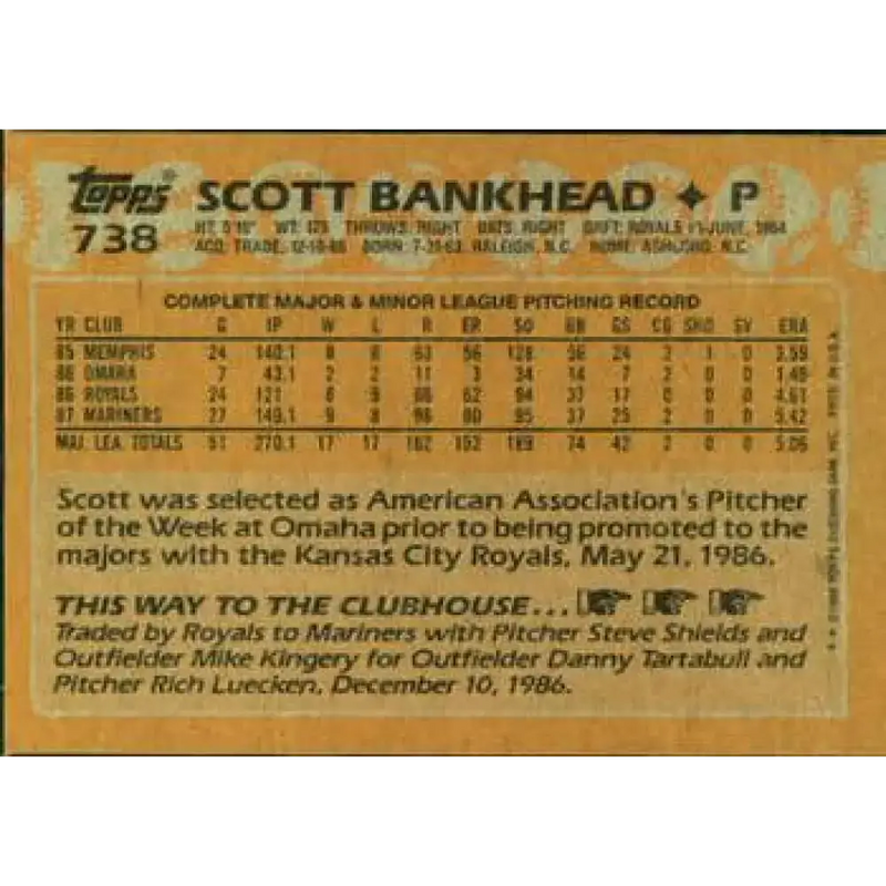 1988 Topps #738 Scott Bankhead NM-MT Seattle Mariners Baseball Card - Baseball Card Single