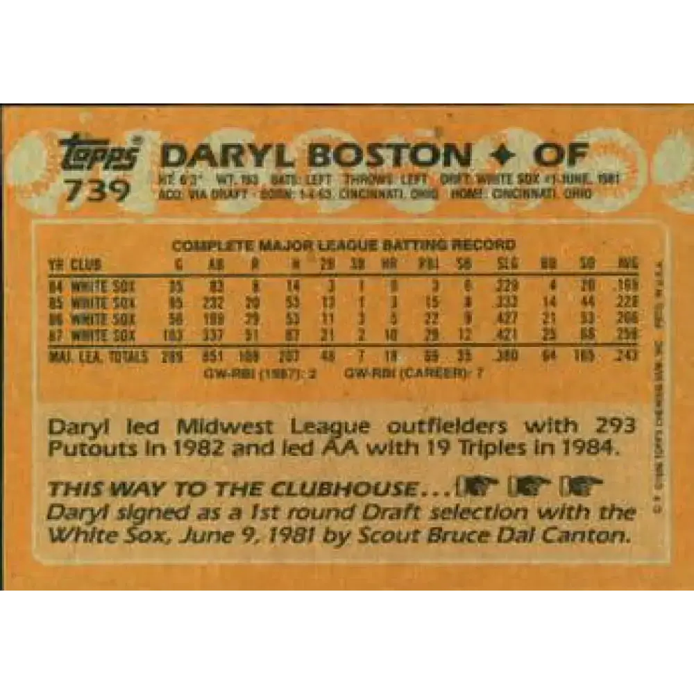 1988 Topps #739 Daryl Boston NM-MT Chicago White Sox Baseball Card - Baseball Card Single