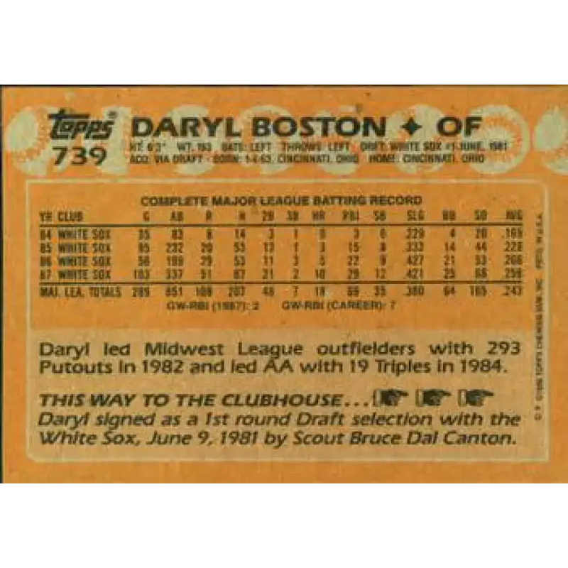 1988 Topps #739 Daryl Boston NM-MT Chicago White Sox Baseball Card - Baseball Card Single