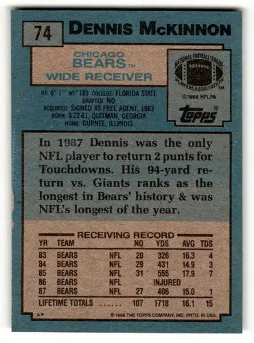 Original gloss Dennis McKinnon Chicago Bears football card from 1988 Topps series