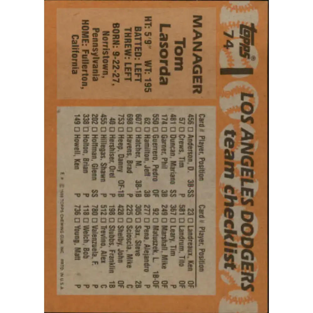 1988 Topps #74 Tommy Lasorda NM-MT Los Angeles Dodgers Baseball Card - Baseball Card Single