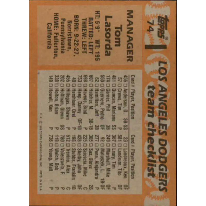 1988 Topps #74 Tommy Lasorda NM-MT Los Angeles Dodgers Baseball Card - Baseball Card Single