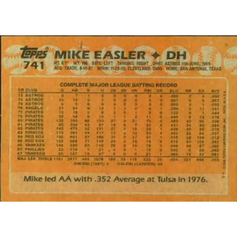 1988 Topps #741 Mike Easler NM-MT New York Yankees Baseball Card - Baseball Card Single