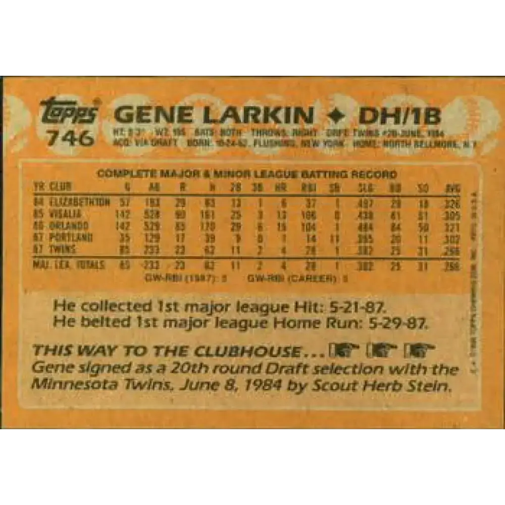 1988 Topps #746 Gene Larkin NM-MT RC Rookie Minnesota Twins Baseball Card - Baseball Card Single