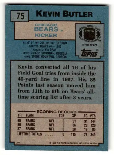 Kevin Butler Chicago football card from 1988 Topps series featuring Chicago Bears player