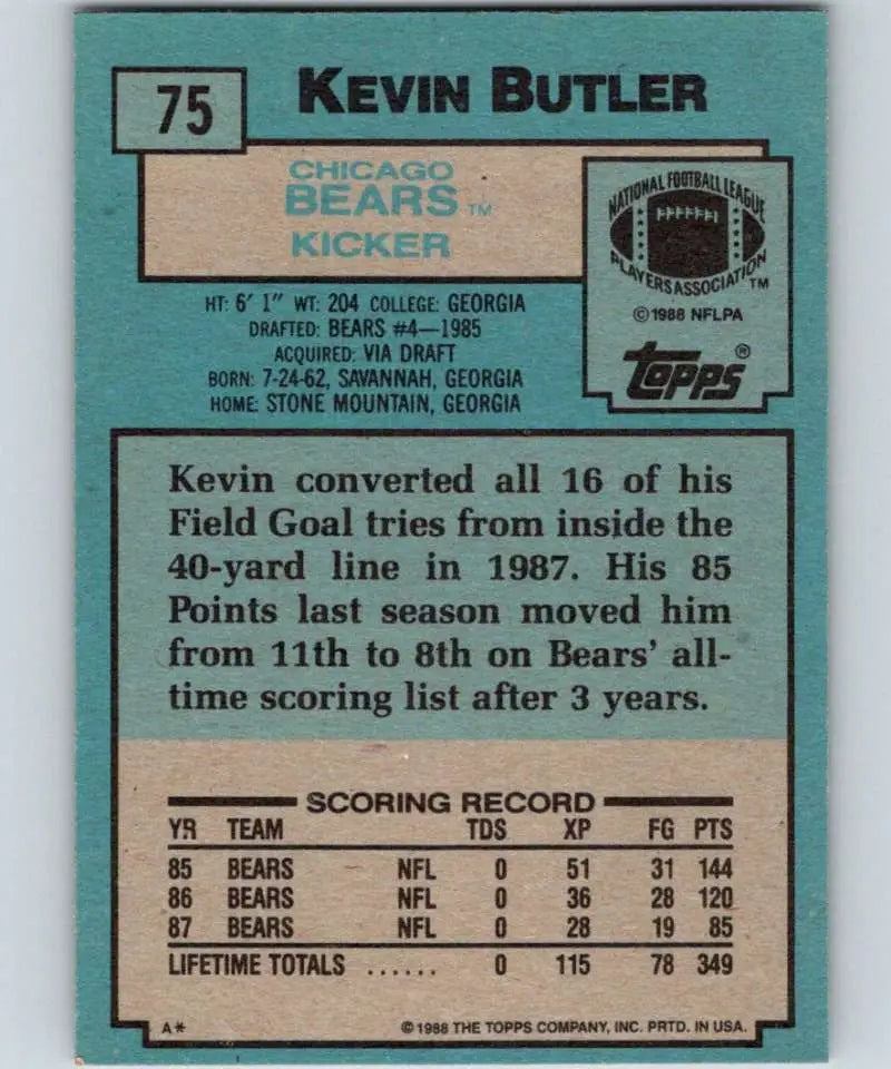 1988 Topps #75 Kevin Butler EX Excellent Chicago Bears Football Card - Football Card Single