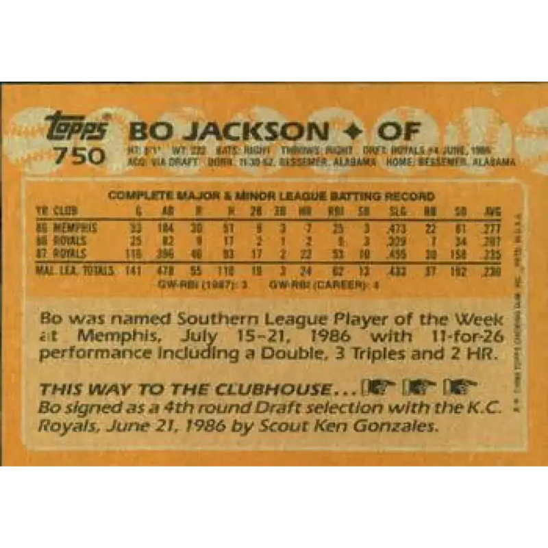 1988 Topps #750 Bo Jackson NM-MT Kansas City Royals Baseball Card - Baseball Card Single