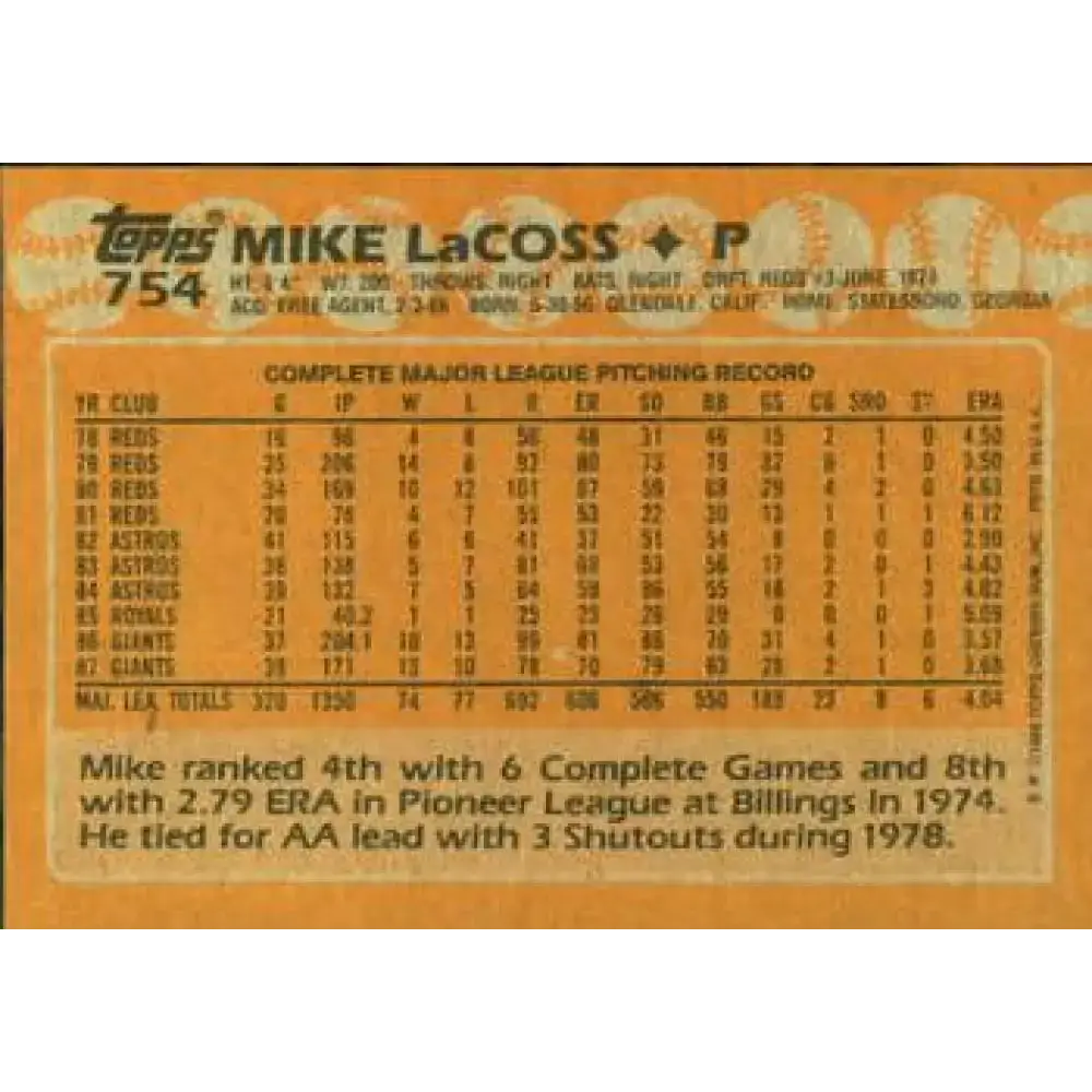 1988 Topps #754 Mike LaCoss NM-MT San Francisco Giants Baseball Card - Baseball Card Single