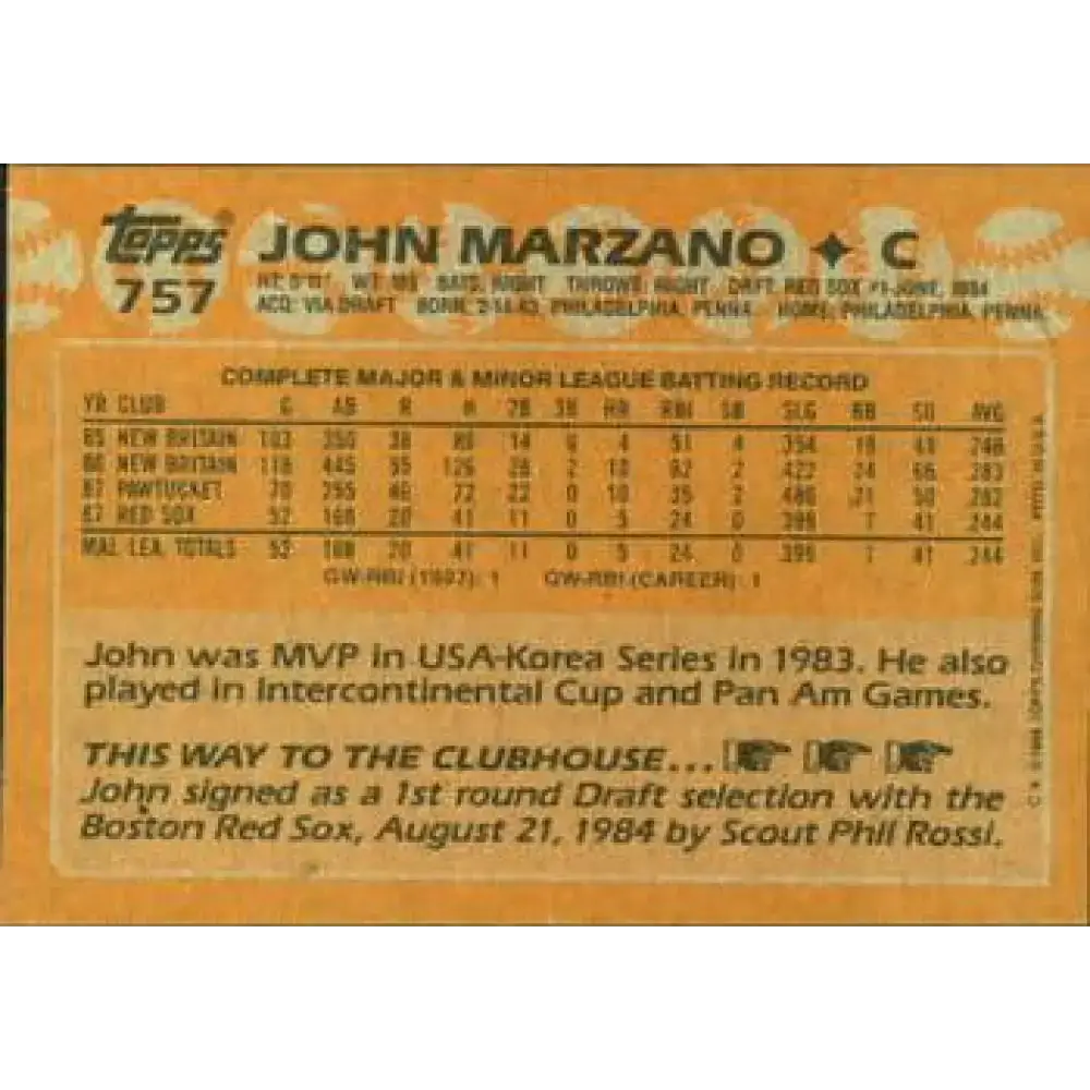 1988 Topps #757 John Marzano NM-MT Boston Red Sox Baseball Card - Baseball Card Single