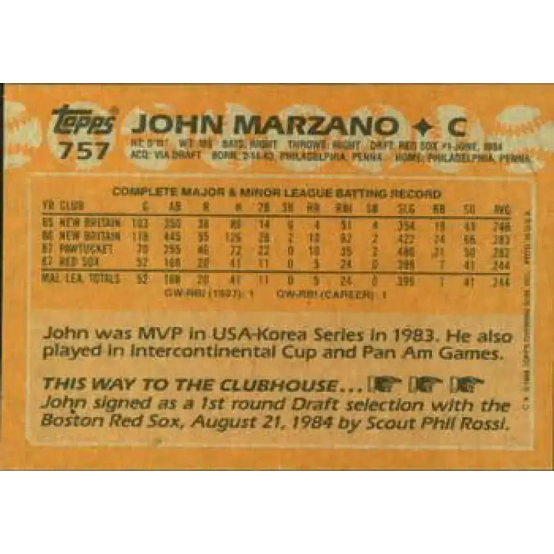 1988 Topps #757 John Marzano NM-MT Boston Red Sox Baseball Card - Baseball Card Single