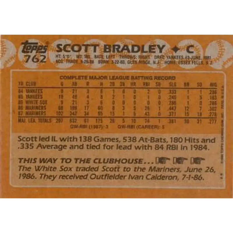 1988 Topps #762 Scott Bradley NM-MT Seattle Mariners Baseball Card - Baseball Card Single