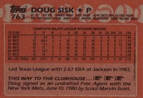 Baseball card back showing original gloss for 1988 Topps Doug Sisk Mets