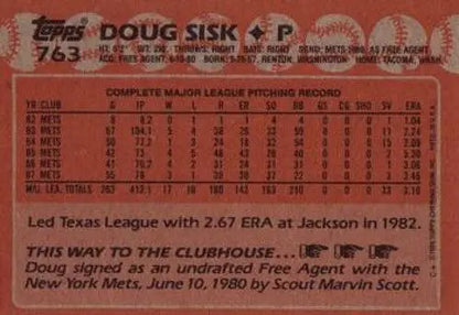Baseball card back showing original gloss for 1988 Topps Doug Sisk Mets