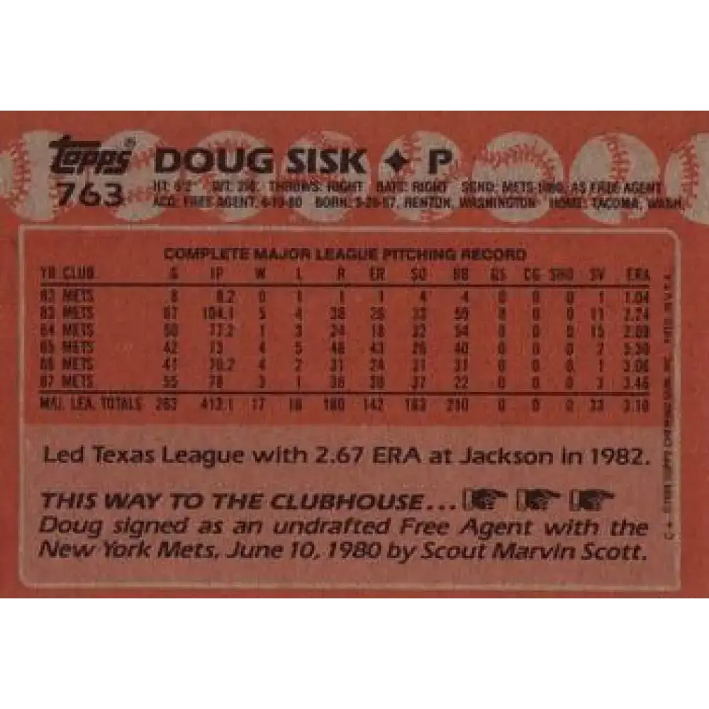 1988 Topps #763 Doug Sisk NM-MT New York Mets Baseball Card - Baseball Card Single