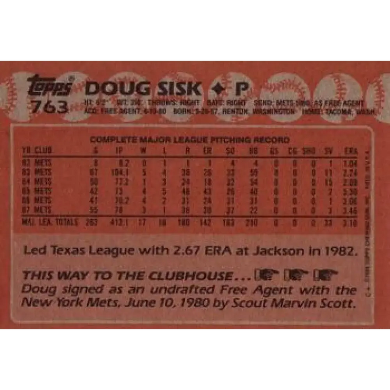 1988 Topps #763 Doug Sisk NM-MT New York Mets Baseball Card - Baseball Card Single