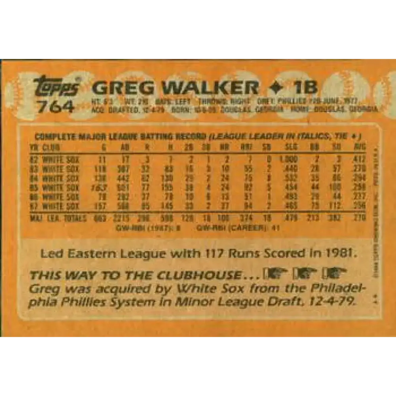 1988 Topps #764 Greg Walker NM-MT Chicago White Sox Baseball Card - Baseball Card Single