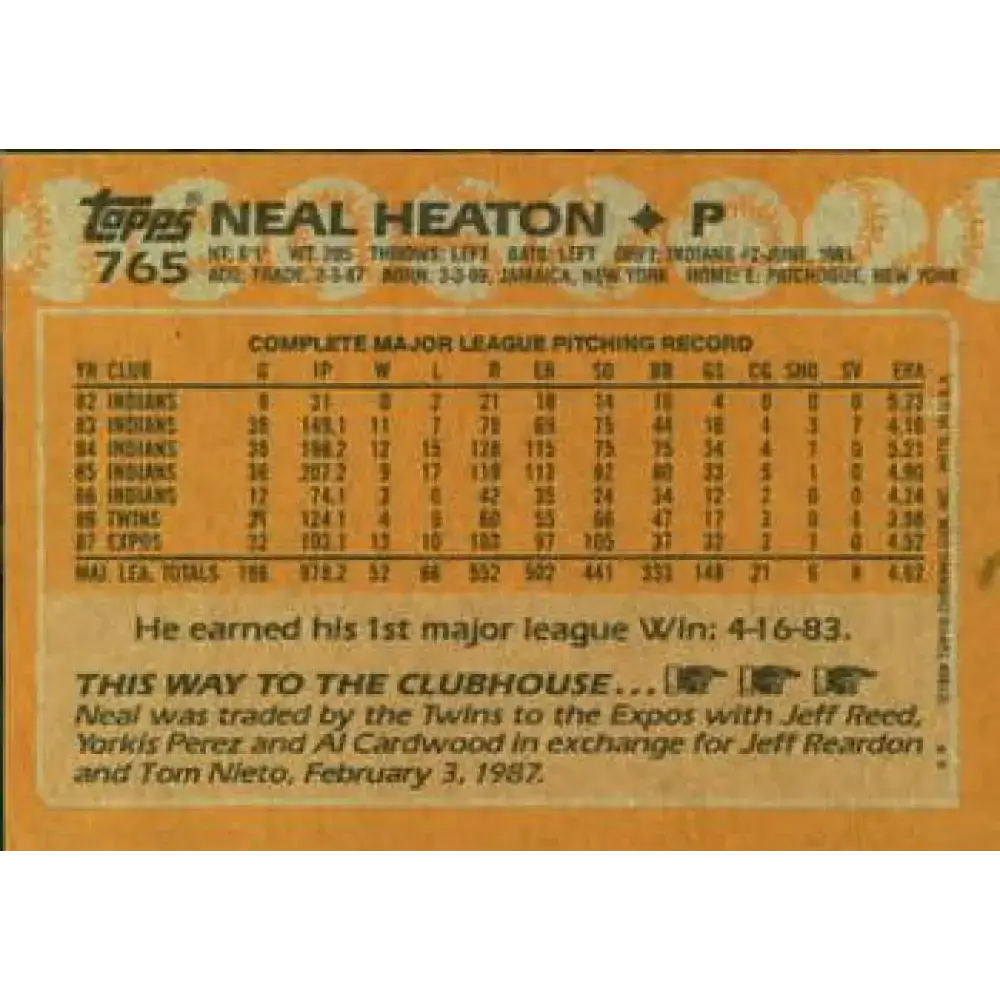 1988 Topps #765 Neal Heaton NM-MT Montreal Expos Baseball Card - Baseball Card Single