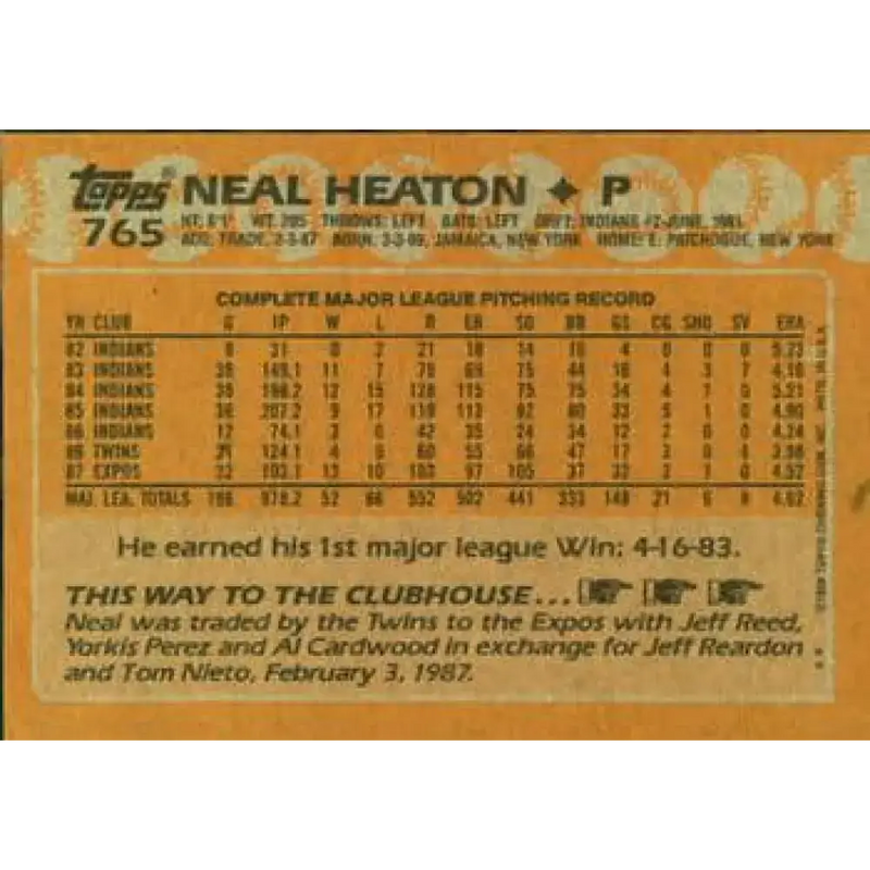 1988 Topps #765 Neal Heaton NM-MT Montreal Expos Baseball Card - Baseball Card Single