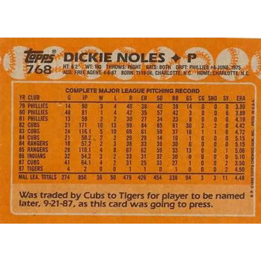 1988 Topps #768 Dickie Noles NM-MT Chicago Cubs Baseball Card - Baseball Card Single