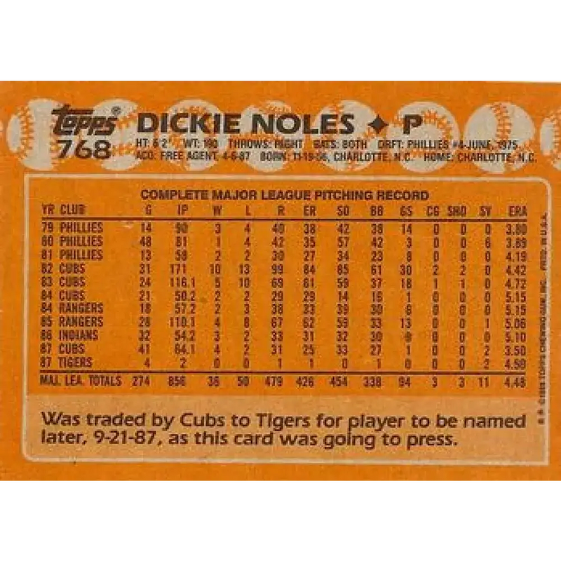 1988 Topps #768 Dickie Noles NM-MT Chicago Cubs Baseball Card - Baseball Card Single