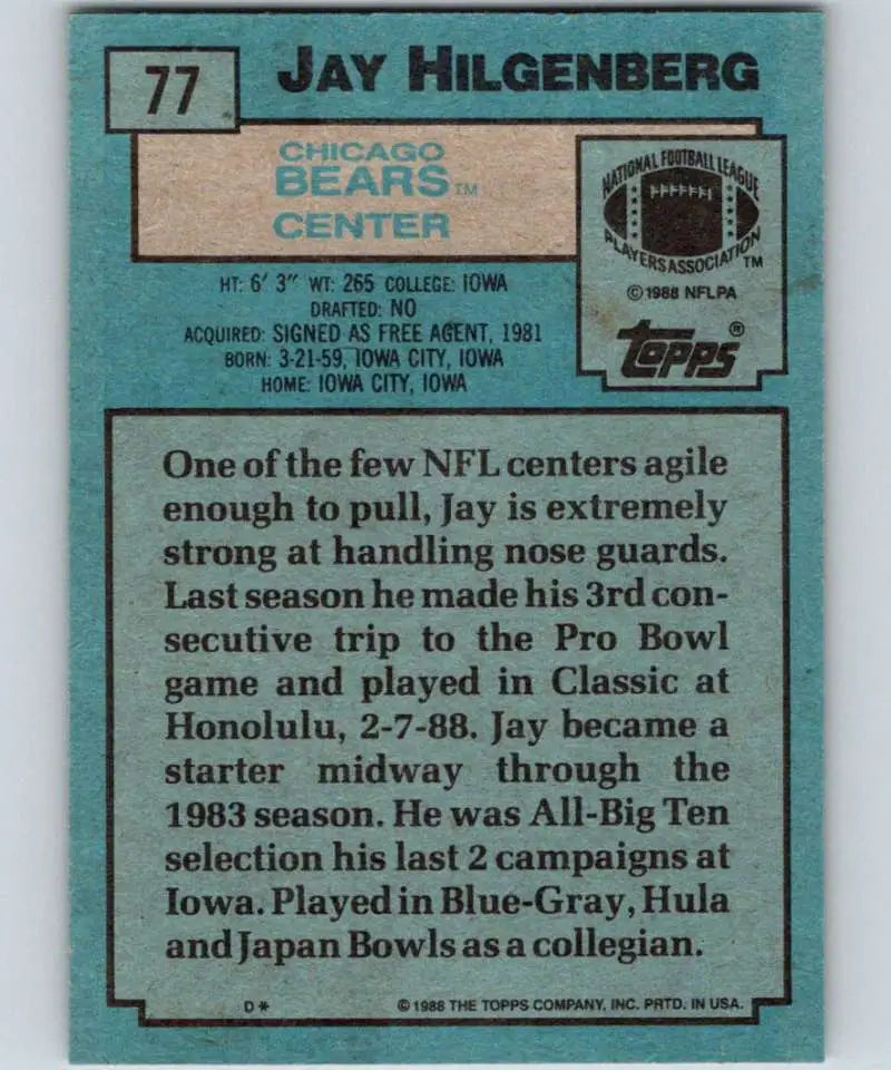 1988 Topps #77 Jay Hilgenberg EX Excellent Chicago Bears Football Card - Football Card Single