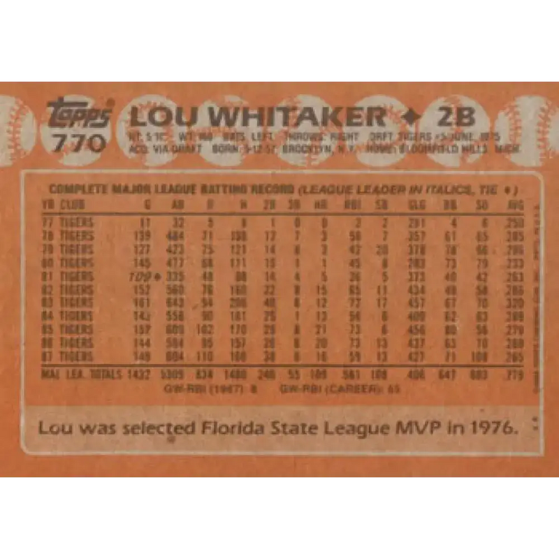 1988 Topps #770 Lou Whitaker NM-MT Detroit Tigers Baseball Card - Baseball Card Single