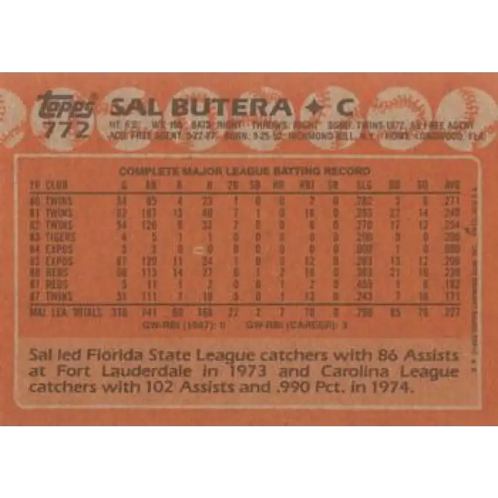 1988 Topps #772 Sal Butera NM-MT Minnesota Twins Baseball Card - Baseball Card Single