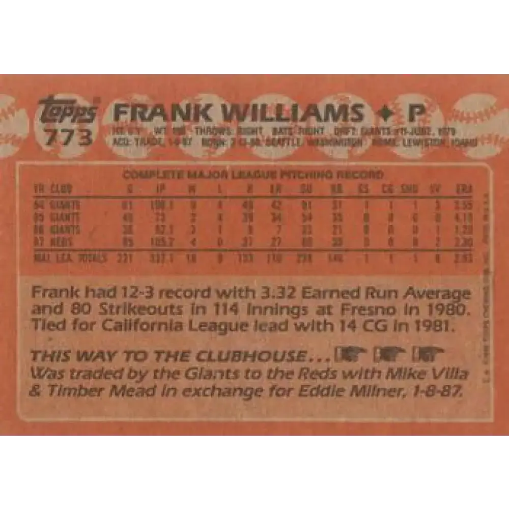 1988 Topps #773 Frank Williams NM-MT Cincinnati Reds Baseball Card - Baseball Card Single