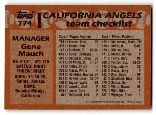 Vintage baseball card back featuring original gloss of Gene Mauch California Angels
