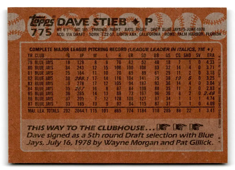 1988 Topps #775 Dave Stieb - Baseball Card Single