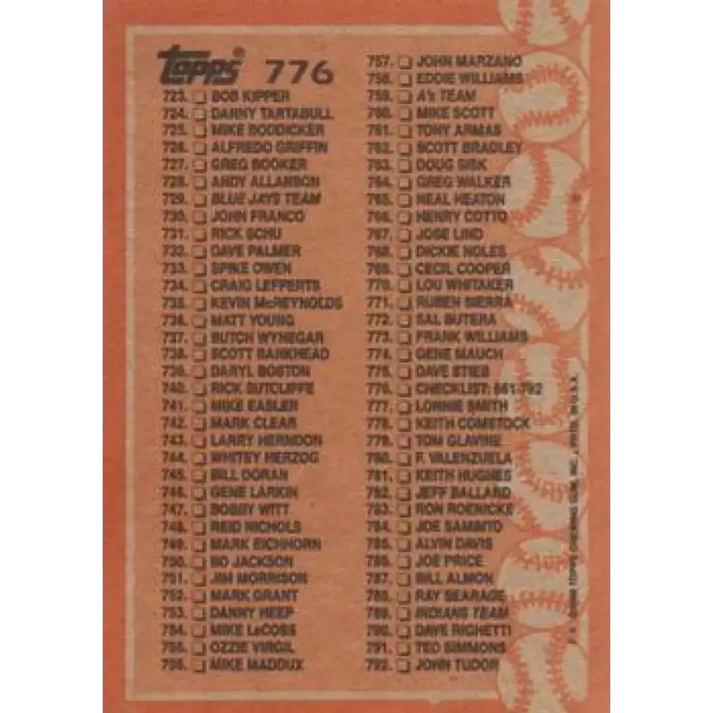 1988 Topps #776 Checklist 661-792 NM-MT Baseball Card - Baseball Card Single