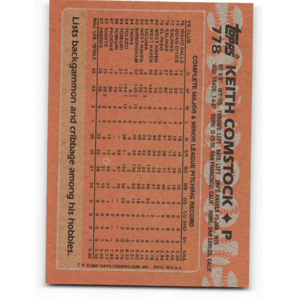 1988 Topps #778 Keith Comstock NM-MT San Diego Padres Baseball Card - Baseball Card Single