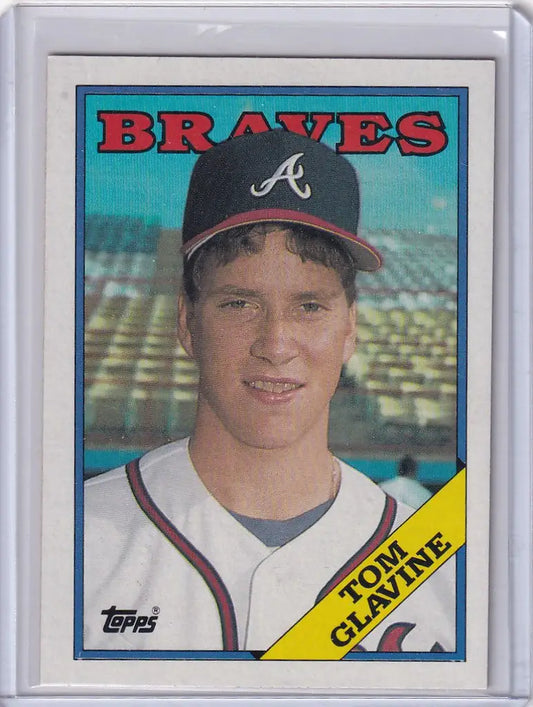 Baseball card of Tom Glavine in Atlanta Braves uniform and cap from 1988 Topps