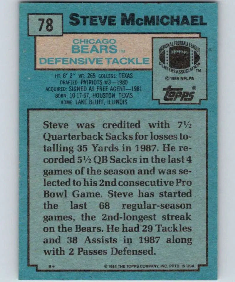 1988 Topps #78 Steve McMichael EX Excellent Chicago Bears Football Card - Football Card Single
