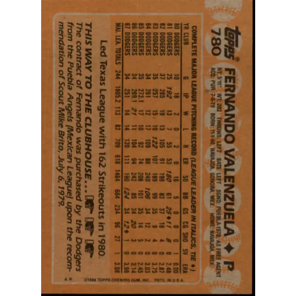 1988 Topps #780 Fernando Valenzuela NM-MT Los Angeles Dodgers Baseball Card - Baseball Card Single