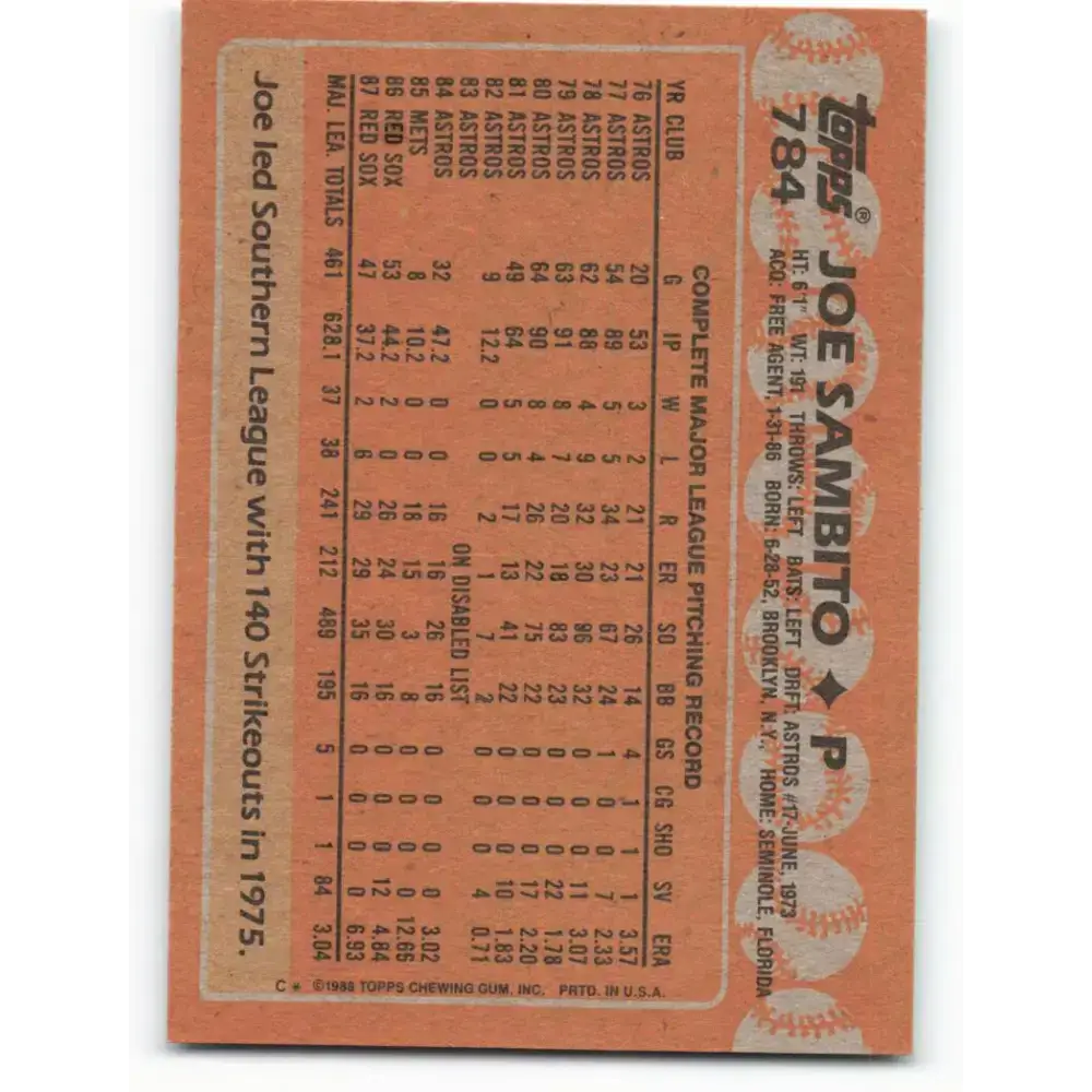 1988 Topps #784 Joe Sambito NM-MT Boston Red Sox Baseball Card - Baseball Card Single