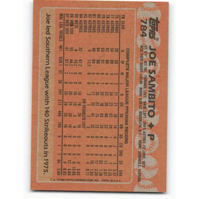 1988 Topps #784 Joe Sambito NM-MT Boston Red Sox Baseball Card - Baseball Card Single