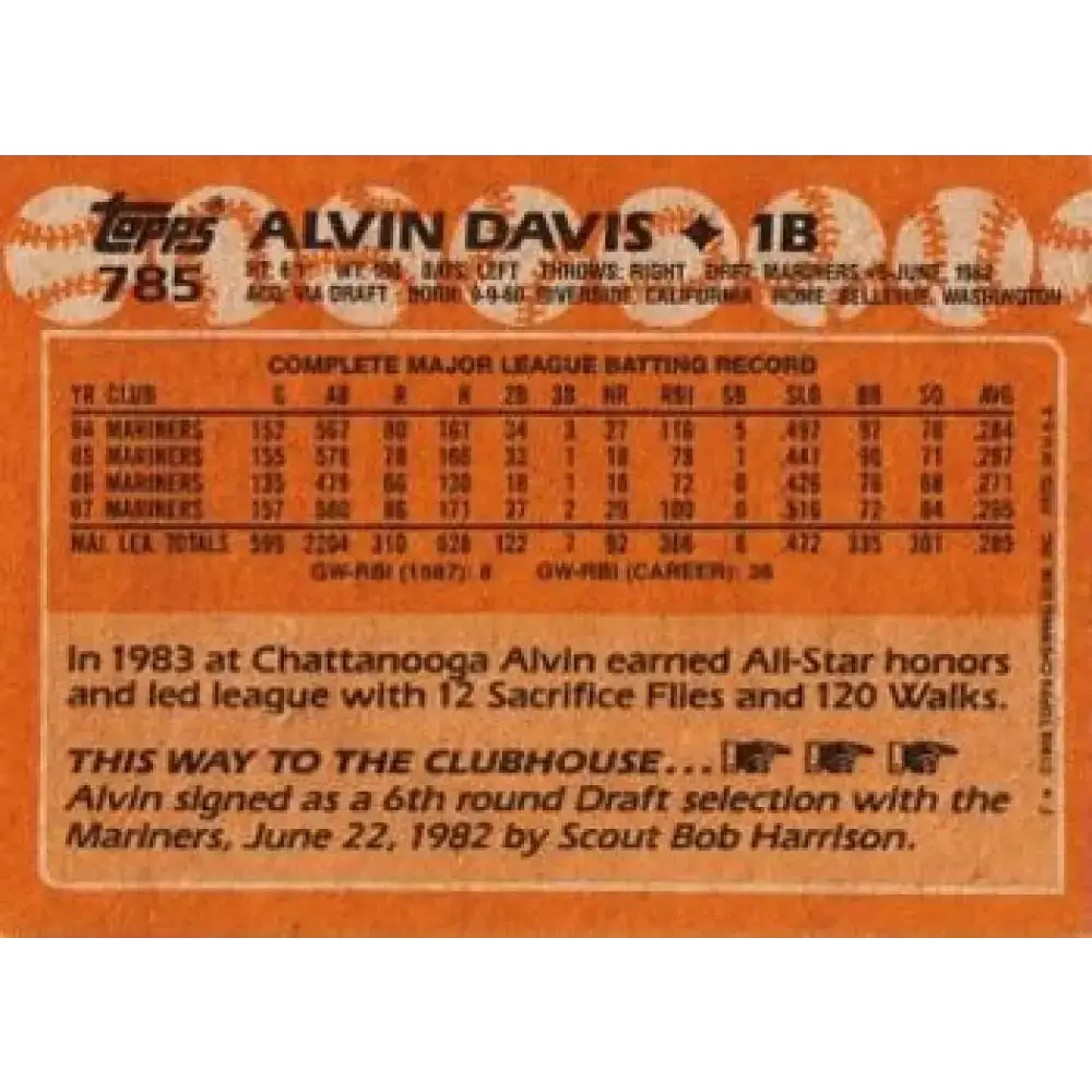 1988 Topps #785 Alvin Davis NM-MT Seattle Mariners Baseball Card - Baseball Card Single