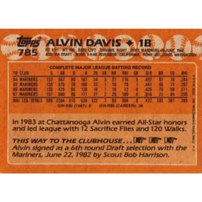1988 Topps #785 Alvin Davis NM-MT Seattle Mariners Baseball Card - Baseball Card Single