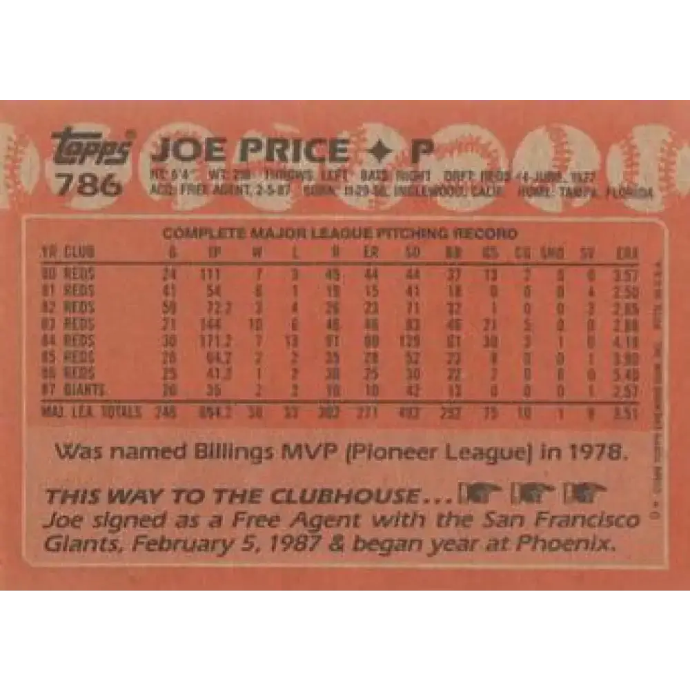 1988 Topps #786 Joe Price NM-MT San Francisco Giants Baseball Card - Baseball Card Single