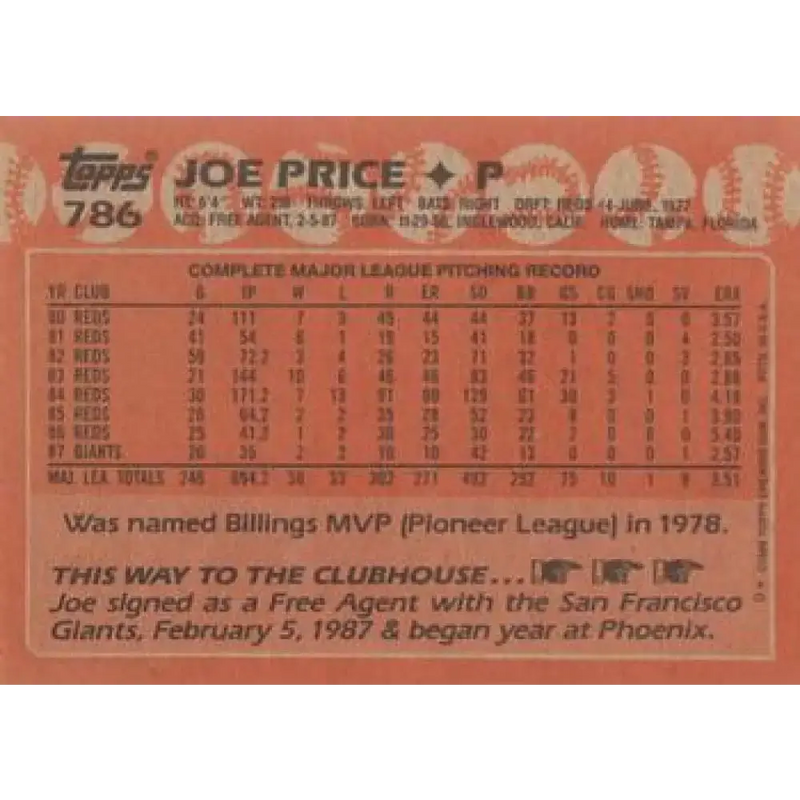 1988 Topps #786 Joe Price NM-MT San Francisco Giants Baseball Card - Baseball Card Single