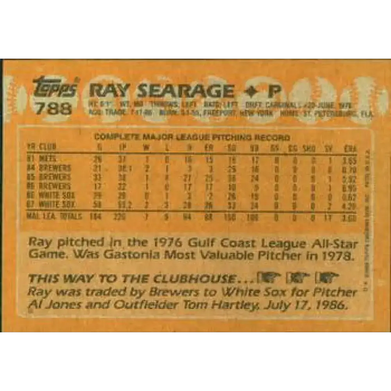 1988 Topps #788 Ray Searage NM-MT Chicago White Sox Baseball Card - Baseball Card Single