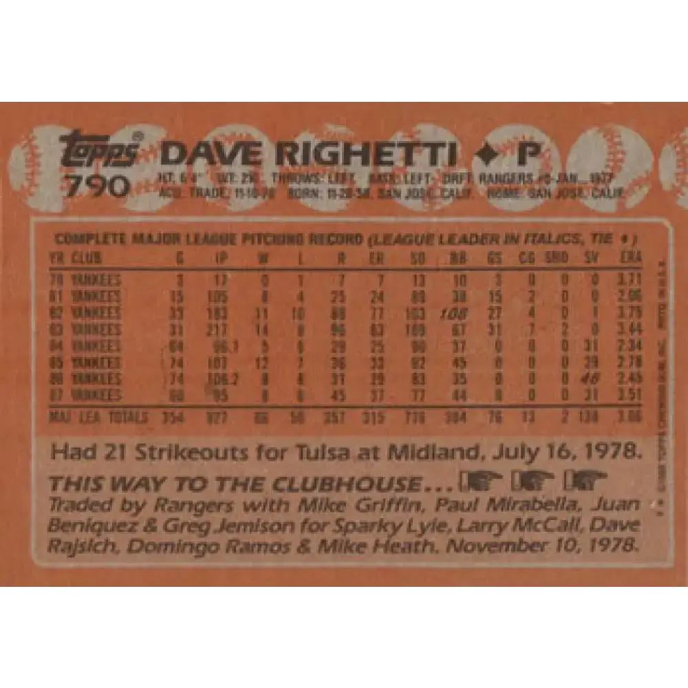 1988 Topps #790 Dave Righetti NM-MT New York Yankees Baseball Card - Baseball Card Single