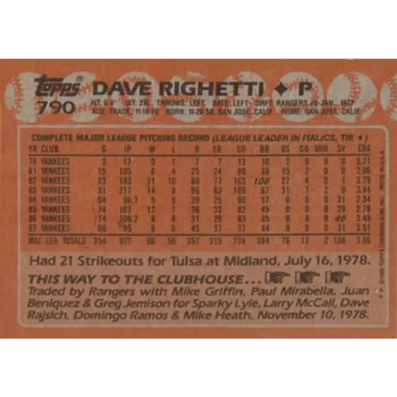1988 Topps #790 Dave Righetti NM-MT New York Yankees Baseball Card - Baseball Card Single