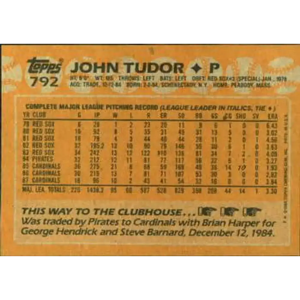 1988 Topps #792 John Tudor NM-MT St. Louis Cardinals Baseball Card - Baseball Card Single