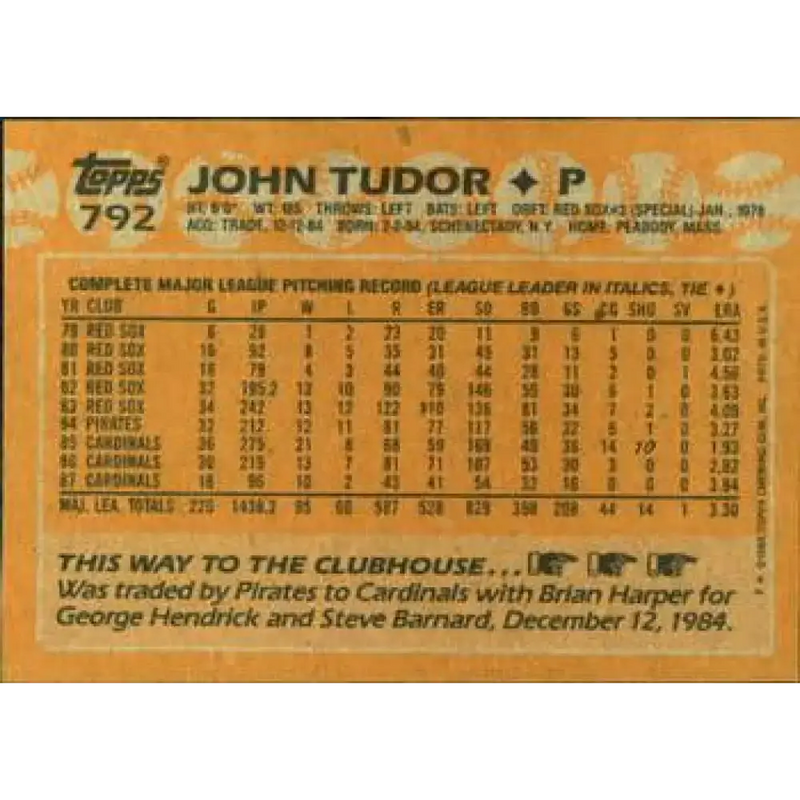 1988 Topps #792 John Tudor NM-MT St. Louis Cardinals Baseball Card - Baseball Card Single