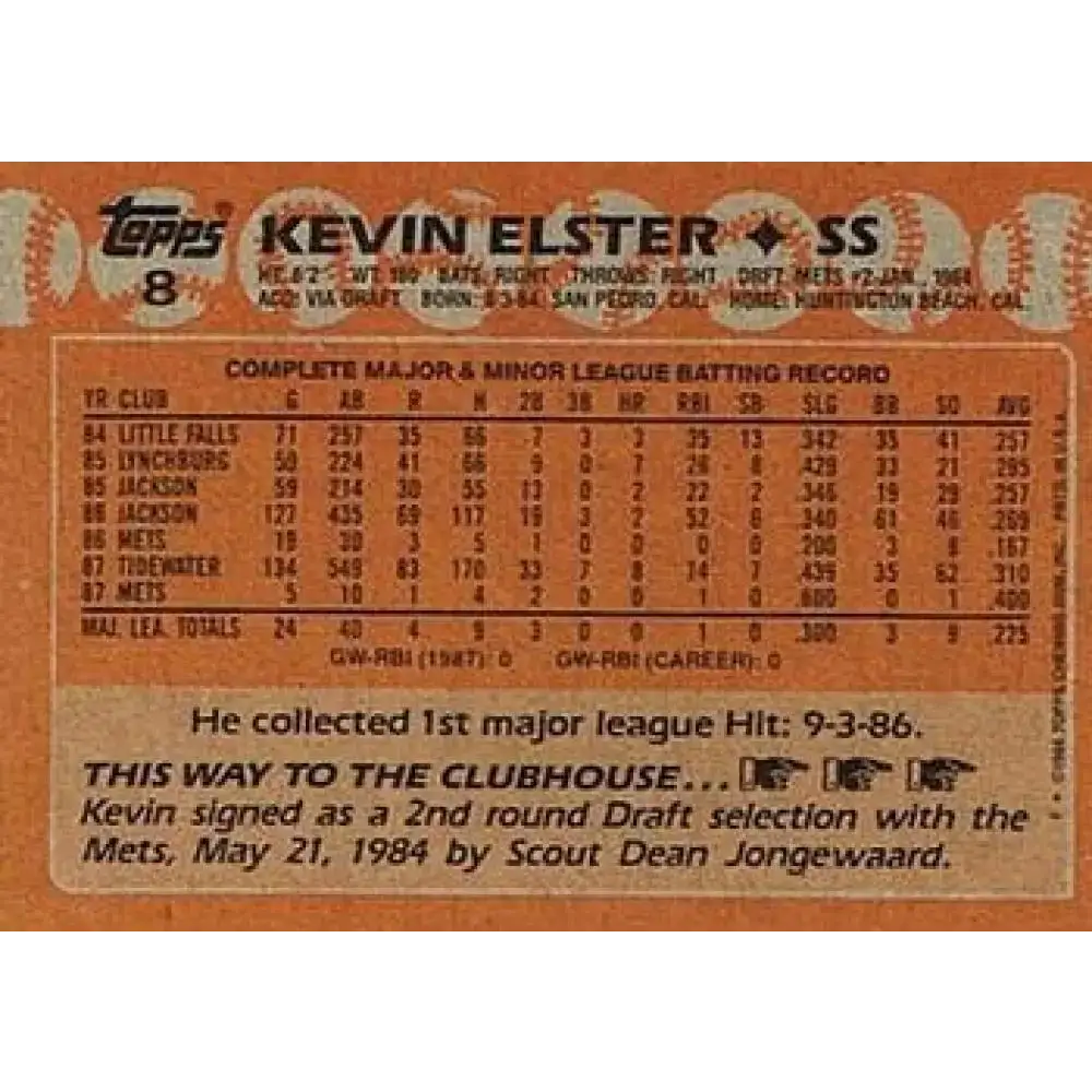 1988 Topps #8 Kevin Elster NM-MT New York Mets Baseball Card - Baseball Card Single