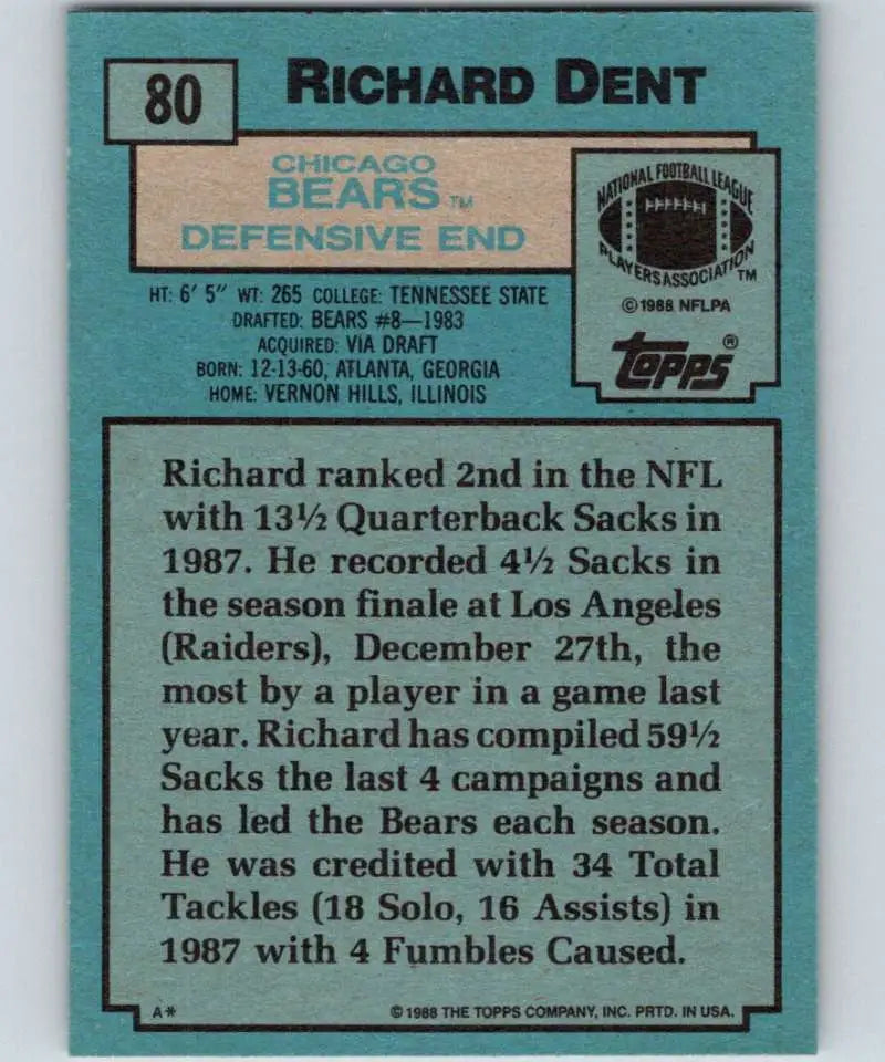 1988 Topps #80 Richard Dent EX Excellent Chicago Bears Football Card - Football Card Single