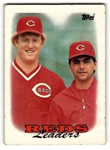 Original gloss of Reds Leaders baseball card featuring two men in Cincinnati Reds attire