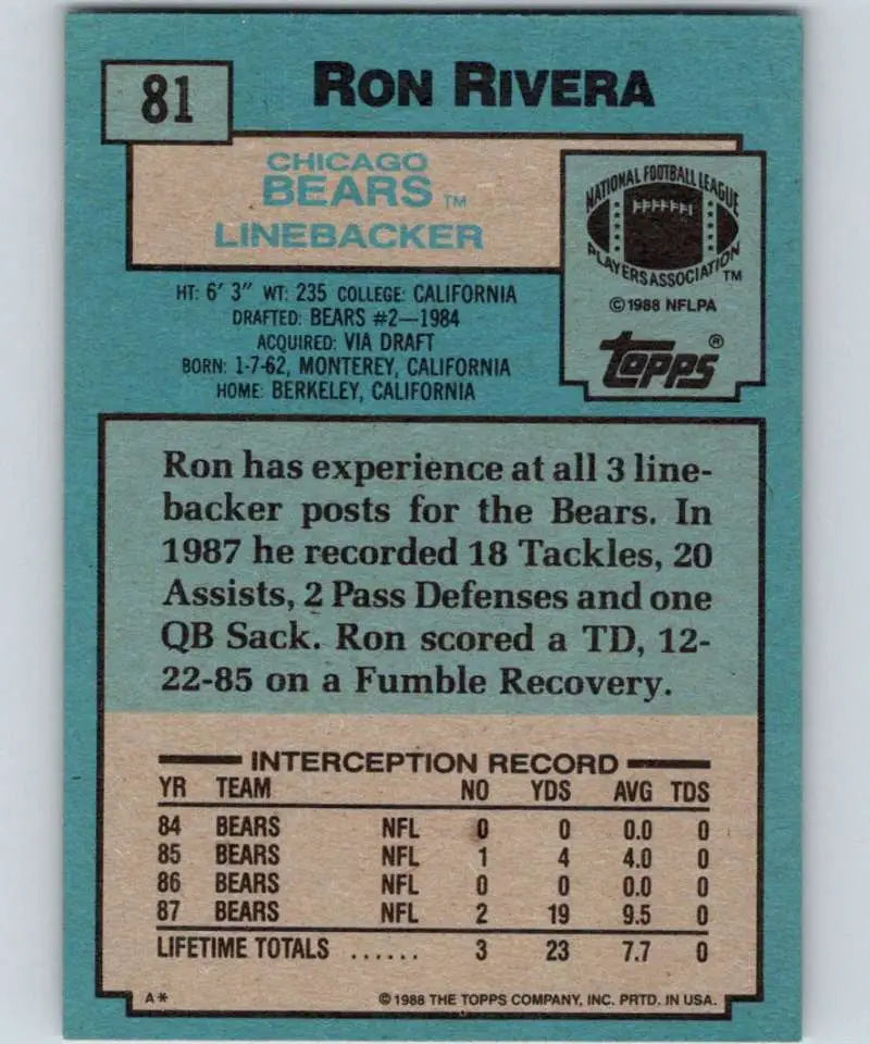 1988 Topps #81 Ron Rivera EX Excellent RC Rookie Chicago Bears Football Card - Football Card Single